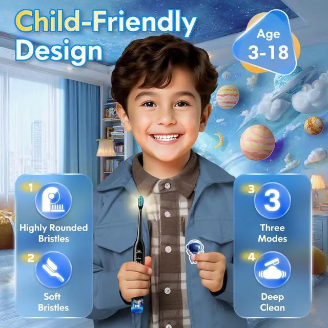 Alt view image 2 of 7 - Kids Electric Toothbrush Rechargeable Age 3-5-6-12-18 Year Old, Sonic Toothbrush Kids with Timer 3 Modes 4 Vibrating Heads Habit Stickers Tooth Brush for Girls Boys and Childrens (Astronaut Black)