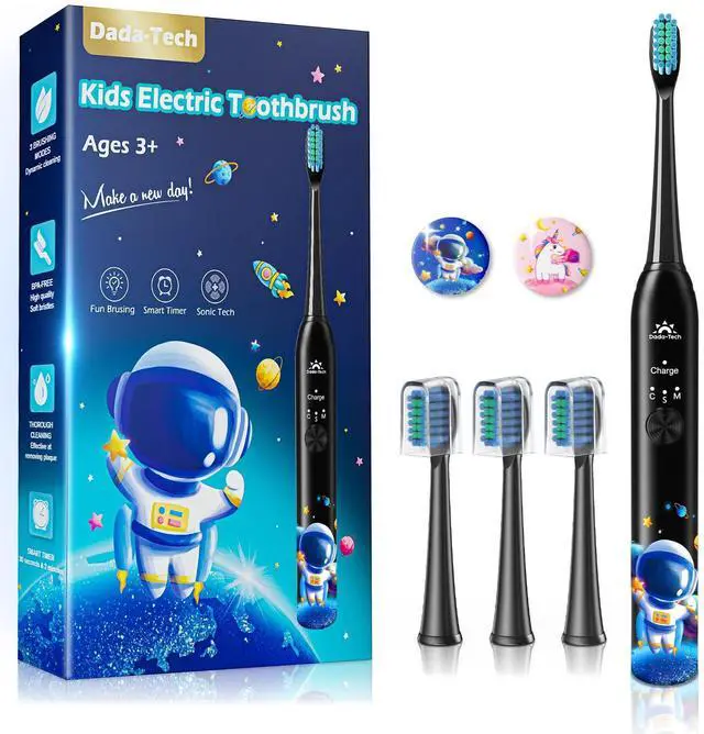 Main image of Kids Electric Toothbrush Rechargeable Age 3-5-6-12-18 Year Old, Sonic Toothbrush Kids with Timer 3 Modes 4 Vibrating Heads Habit Stickers Tooth Brush for Girls Boys and Childrens (Astronaut Black)