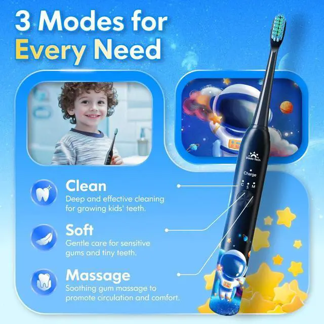 Alt view image 4 of 7 - Kids Electric Toothbrush Rechargeable Age 3-5-6-12-18 Year Old, Sonic Toothbrush Kids with Timer 3 Modes 4 Vibrating Heads Habit Stickers Tooth Brush for Girls Boys and Childrens (Astronaut Black)