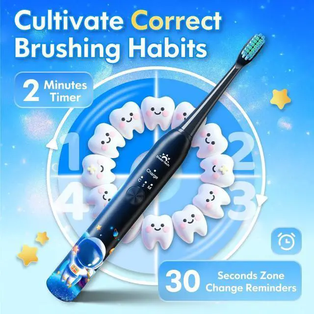 Alt view image 5 of 7 - Kids Electric Toothbrush Rechargeable Age 3-5-6-12-18 Year Old, Sonic Toothbrush Kids with Timer 3 Modes 4 Vibrating Heads Habit Stickers Tooth Brush for Girls Boys and Childrens (Astronaut Black)