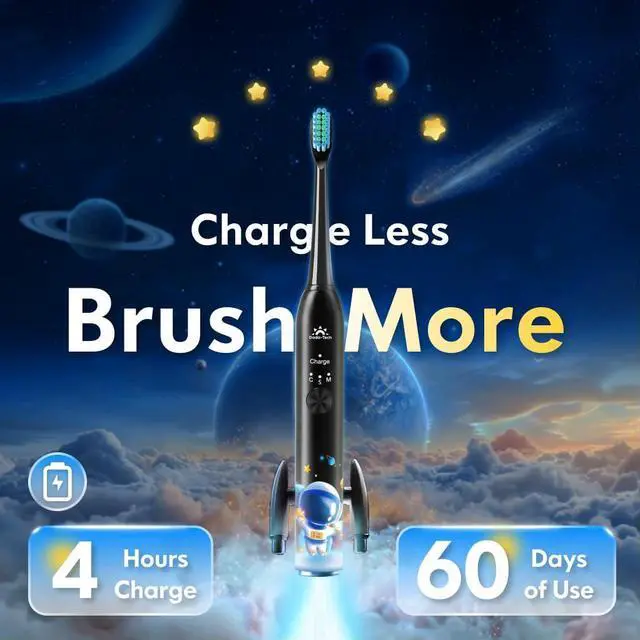 Alt view image 7 of 7 - Kids Electric Toothbrush Rechargeable Age 3-5-6-12-18 Year Old, Sonic Toothbrush Kids with Timer 3 Modes 4 Vibrating Heads Habit Stickers Tooth Brush for Girls Boys and Childrens (Astronaut Black)