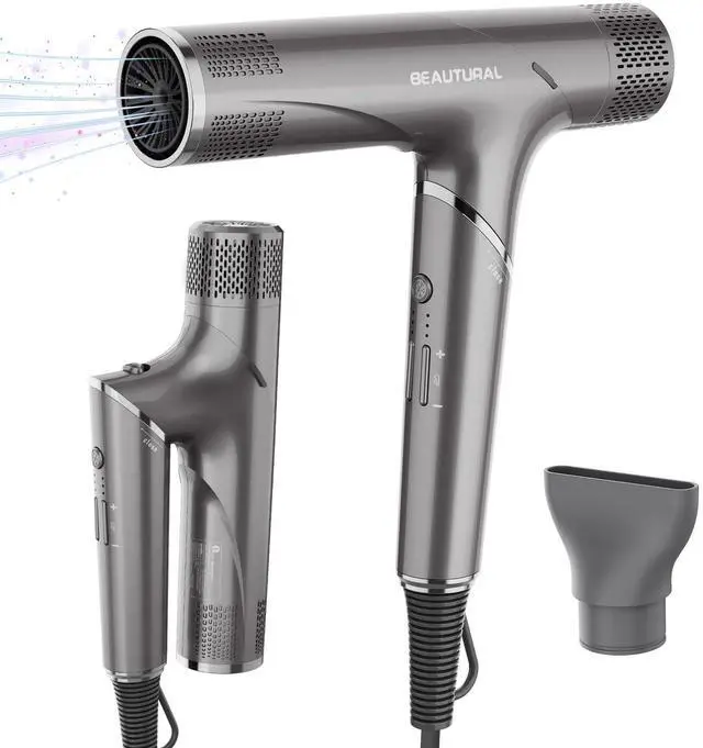 Main image of Hair Dryer, 1600W High-Speed Foldable Travel Blow Dryer, 110,000 RPM Brushless Motor Million Ionic for Fast Drying & Frizz Control, 3 Temps & 3 Speeds, Dual Voltage for Worldwide Use, Gray