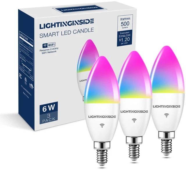 Main image of E12 Smart Bulbs 60W Work with Alexa/Google Home, 3 Pack | No Hub Required, 500LM 6W RGBCW Candle Chandelier Light bulb Work with SmartLife, 2.4G WiFi & BLE Candelabra Bulb, ETL Listed