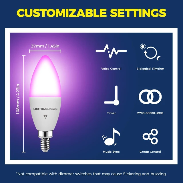 Alt view image 6 of 7 - E12 Smart Bulbs 60W Work with Alexa/Google Home, 3 Pack | No Hub Required, 500LM 6W RGBCW Candle Chandelier Light bulb Work with SmartLife, 2.4G WiFi & BLE Candelabra Bulb, ETL Listed