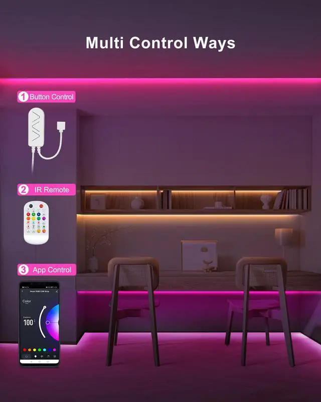 Alt view image 4 of 7 - 32.8ft Bluetooth RGB COB Led Strip Lights with Remote, Dimmable Smart App Led COB Light Strip, Color Changing Music Sync, Indoor RGB Led Lights for Bedroom, Home Decor, Party