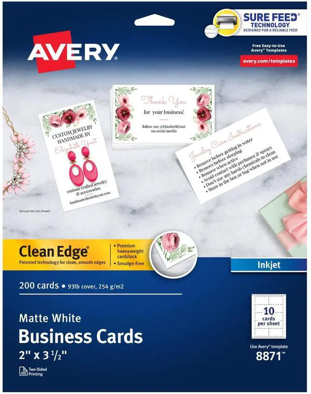 Main image of Clean Edge Printable Business Cards with Sure Feed Technology, 2" x 3.5", White, 200 Blank Cards for Inkjet Printers (08871)
