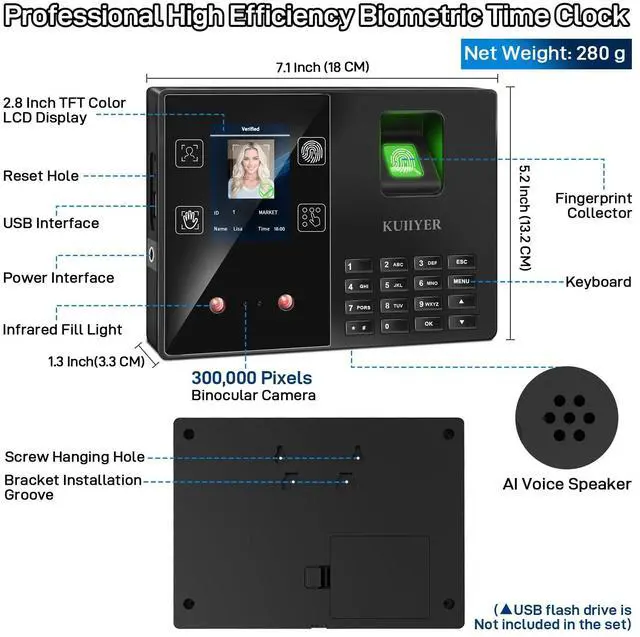 Alt view image 2 of 7 - 4 in 1 Employee Time Clocks for Small Business (Face + Fingerprint + Palm Print + PIN) Employee Clock in & Out Machine Biometric Attendance Punch Clock