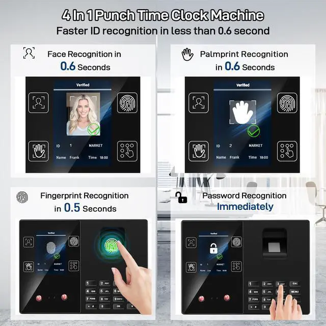 Alt view image 3 of 7 - 4 in 1 Employee Time Clocks for Small Business (Face + Fingerprint + Palm Print + PIN) Employee Clock in & Out Machine Biometric Attendance Punch Clock