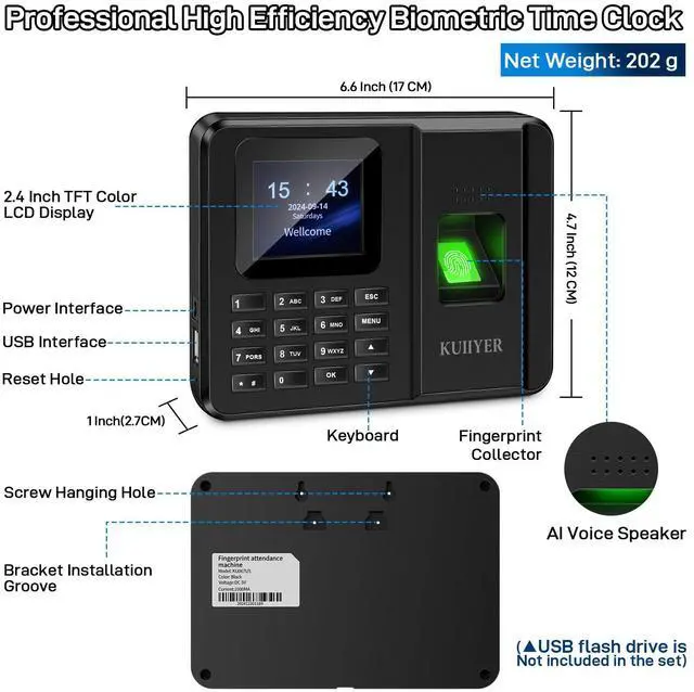 Alt view image 2 of 7 - 2 in 1 Time Clocks for Employees Small Business (Fingerprint + Password) Employee Clock in & Out Machine Attendance Punch Clock