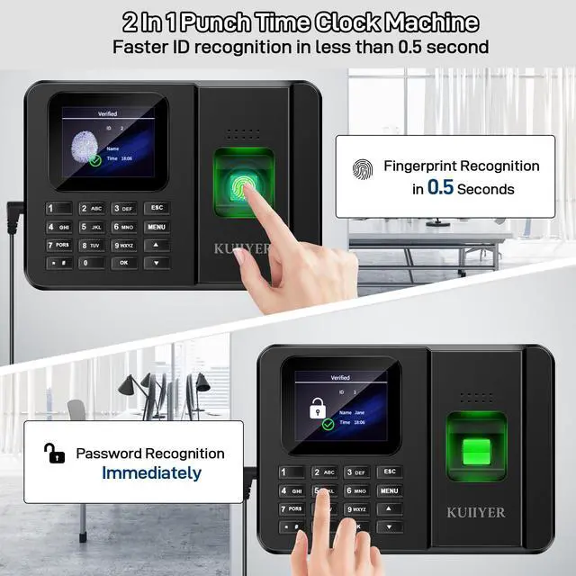 Alt view image 3 of 7 - 2 in 1 Time Clocks for Employees Small Business (Fingerprint + Password) Employee Clock in & Out Machine Attendance Punch Clock