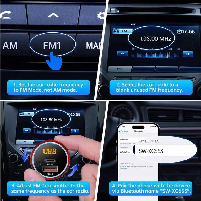 Alt view image 7 of 7 - Bluetooth 5.4 FM Transmitter for Car, 38W PD&QC3.0 Dual USB Charging Bluetooth Car Adapter Microphone & Bass Sound MP3 Music Player FM Kit with Hands-Free Calling