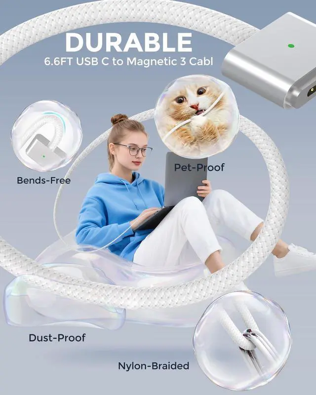 Alt view image 2 of 6 - USB C to Magnetic 3 Charger Cable for MacBook Air 13.6 15 inch Mac Pro 14 16 M5 M4 M3 M2 M1 2026 2025 2024 2023 2022 2021, Braided Cord & LED, Powerful Magnetic, Super Durable, Original Quality 6.6ft