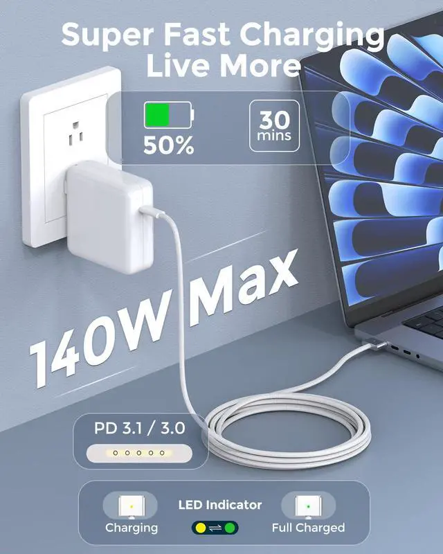 Alt view image 4 of 6 - USB C to Magnetic 3 Charger Cable for MacBook Air 13.6 15 inch Mac Pro 14 16 M5 M4 M3 M2 M1 2026 2025 2024 2023 2022 2021, Braided Cord & LED, Powerful Magnetic, Super Durable, Original Quality 6.6ft