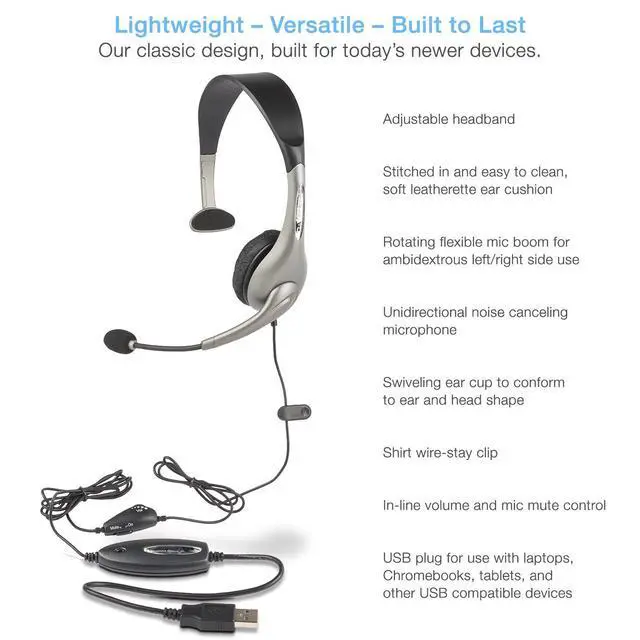 Alt view image 6 of 7 - USB Mono AC-840 Headset, Headphone with microphone, Great for Education, Office and Call Centers (AC-840)