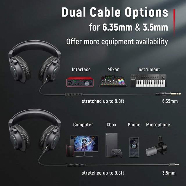 Alt view image 4 of 7 - HD8 Wired Studio Monitor Headphone, Detachable 3.5mm/6.35mm Cables | Podcast Headphones with 50mm Drivers, Closed-back Design, Passive Noise Canceling, Lightweight, for PC/Mixer/Instrument/Mic