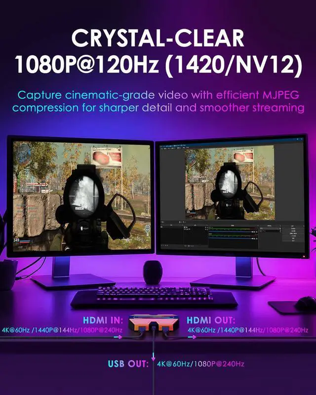 Alt view image 7 of 7 - HDMI Video Capture Card for Streaming, 4K 60Hz HDR VRR ALLM Passthrough, 1080P 240Hz, USB-C External Capture Card for PS5, Xbox Series X/S, Switch, Compatible with PC Mac, OBS Streamlabs