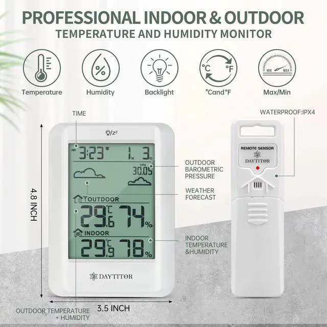 Alt view image 3 of 7 - Outdoor Thermometer Weather Station Wireless, White
