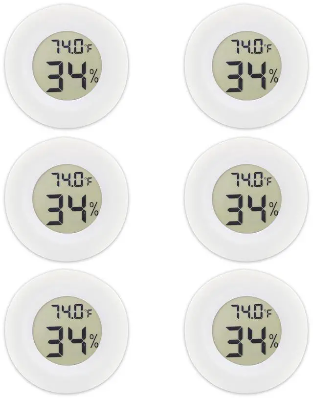 Main image of 6-Pack Mini Round Hygrometer Thermometer Digital LCD Monitor Indoor Outdoor Humidity Meter Gauge Temperature for Humidifiers Greenhouse Reptile Fahrenheit Celsius White