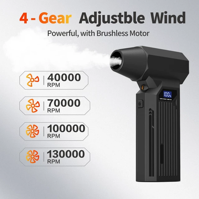 Alt view image 2 of 7 - Compressed Air Duster, 130000RPM, 4-Speed Adjustable, Electric | Mini Turbo Blower, Fast Charging, 5 nozzles, Air Blower, PC Keyboard Cleaning, car, office, Home & outdoor, Lightweight