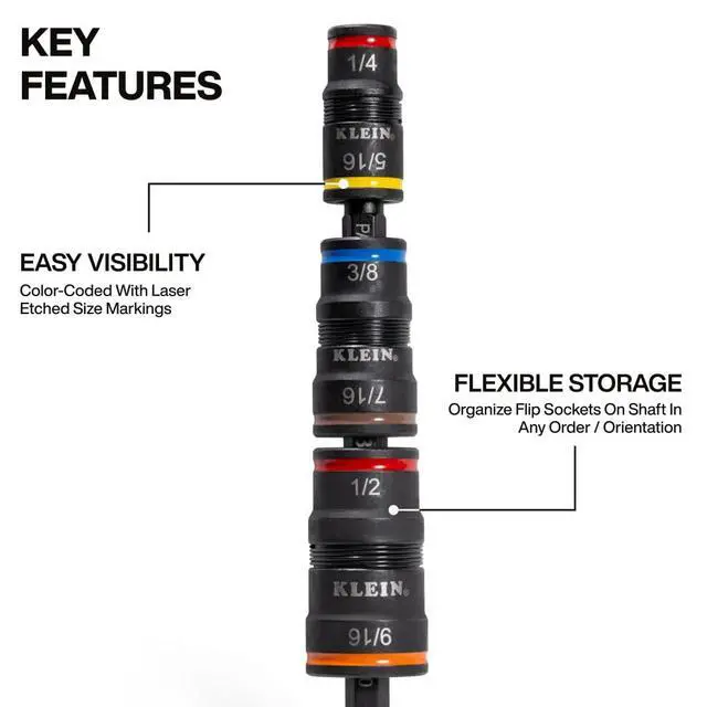 Alt view image 3 of 5 - Impact Driver, SAE 7-in-1 Impact Rated Socket Set, 3 Flip Sockets with 6 Hex Driver Sizes and 1/4-Inch Bit Holder, 5-Inch Shaft