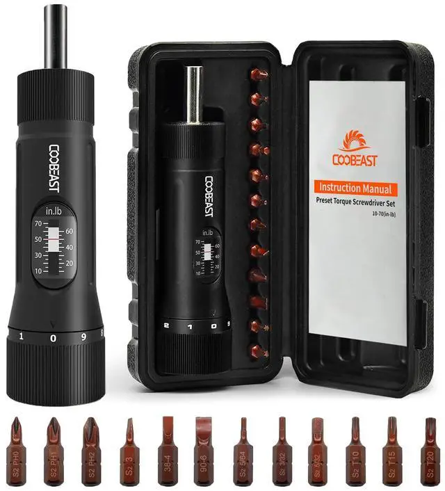 Main image of 13Pcs Preset Torque Screwdriver with S2 Bits, 1/4 Drive Torque Wrench Screwdriver Set for Maintenance, Tools, Bike Repairing and Mounting, Inch Pound Torque Range 10-70 In-lb