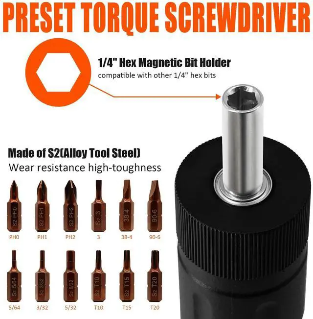 Alt view image 2 of 7 - 13Pcs Preset Torque Screwdriver with S2 Bits, 1/4 Drive Torque Wrench Screwdriver Set for Maintenance, Tools, Bike Repairing and Mounting, Inch Pound Torque Range 10-70 In-lb