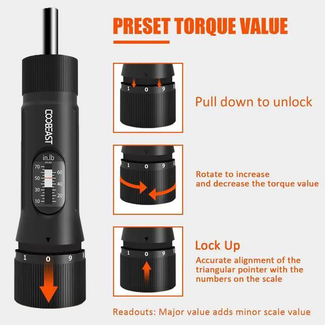Alt view image 5 of 7 - 13Pcs Preset Torque Screwdriver with S2 Bits, 1/4 Drive Torque Wrench Screwdriver Set for Maintenance, Tools, Bike Repairing and Mounting, Inch Pound Torque Range 10-70 In-lb