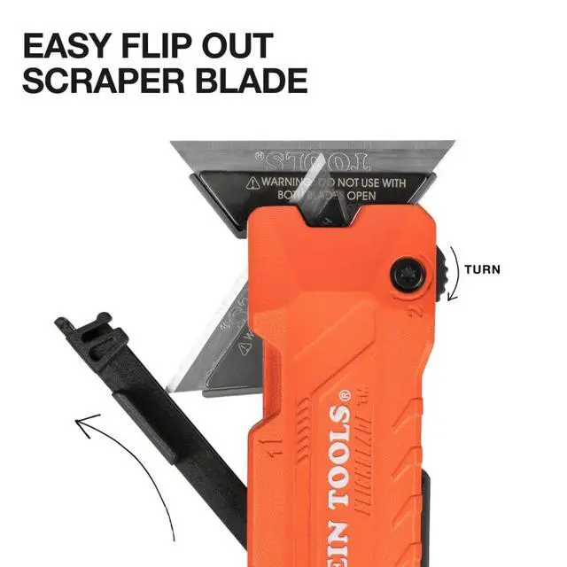 Alt view image 4 of 5 - FLICKBLADE 2-in-1 Folding Utility Knife and Scraper with Built-In Blade Storage, Dual Locking Positions, Includes 3 Triple-Ground Carbon Steel Blades