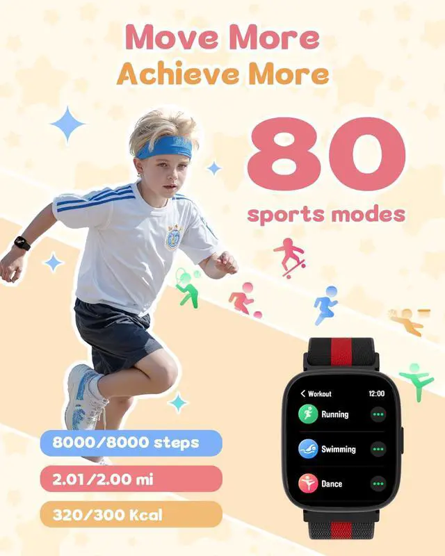 Alt view image 2 of 7 - Smart Watch for Kids No Phone No APP Needed, 1.83" Fitness Tracker Watch with Pedometer, Step Counter Heart Rate/Sleep Monitor, IP68 Waterproof, Puzzle Games for Boys Teens 5-12, Nylon
