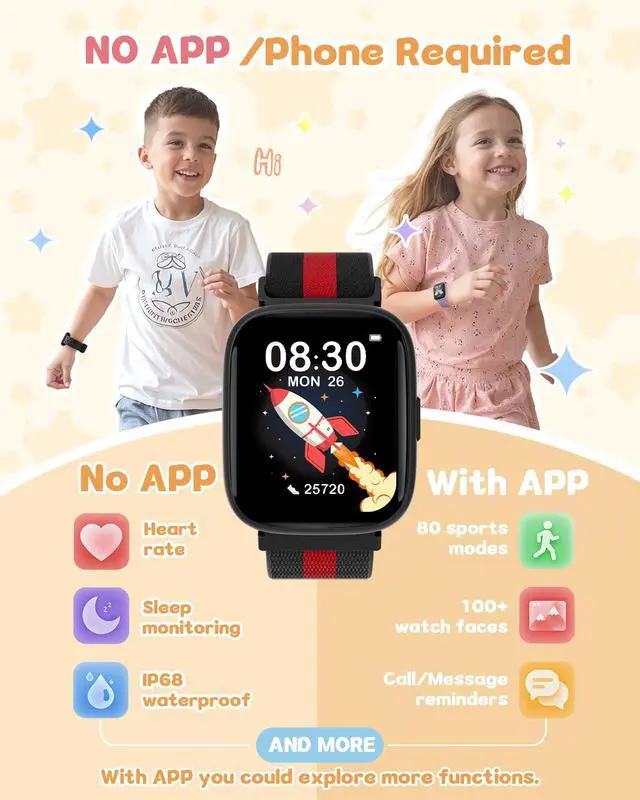 Alt view image 3 of 7 - Smart Watch for Kids No Phone No APP Needed, 1.83" Fitness Tracker Watch with Pedometer, Step Counter Heart Rate/Sleep Monitor, IP68 Waterproof, Puzzle Games for Boys Teens 5-12, Nylon
