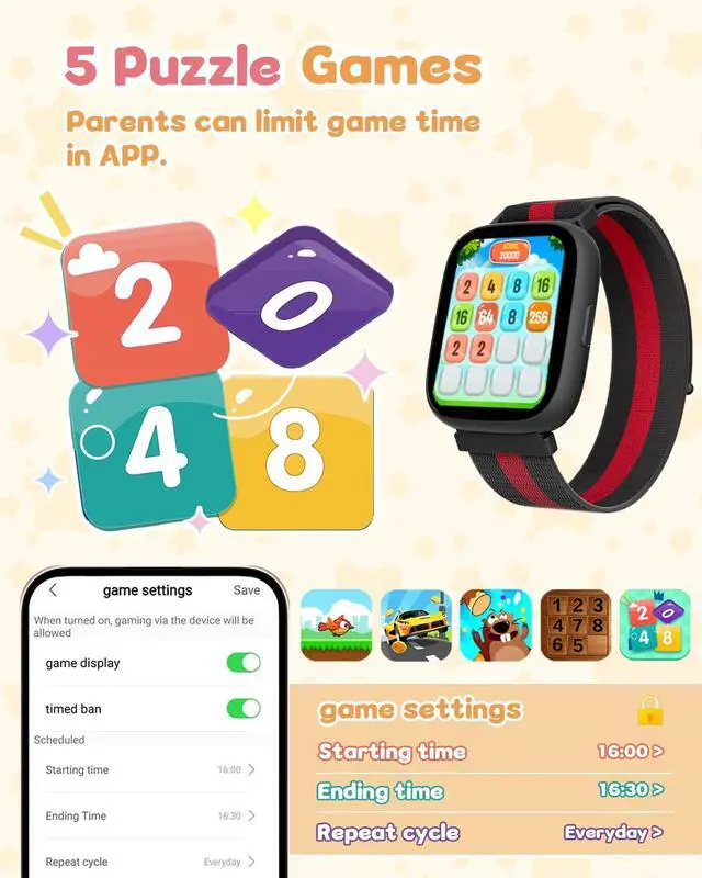 Alt view image 6 of 7 - Smart Watch for Kids No Phone No APP Needed, 1.83" Fitness Tracker Watch with Pedometer, Step Counter Heart Rate/Sleep Monitor, IP68 Waterproof, Puzzle Games for Boys Teens 5-12, Nylon