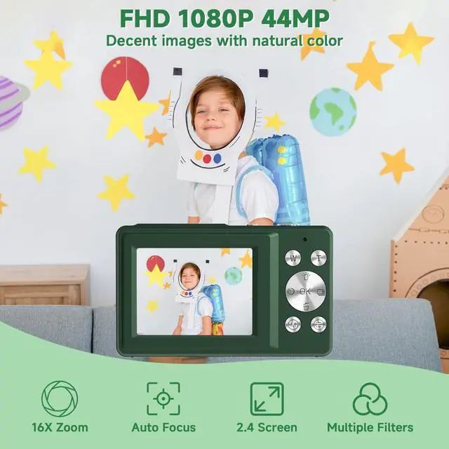 Alt view image 2 of 7 - Digital Camera, 44MP Compact Camera, FHD 1080P Point and Shoot Digital Cameras with 16X Zoom, Face Detect, Smile Capture, Anti Shake, for Boys Girls Teens Gifts (Deep Green)