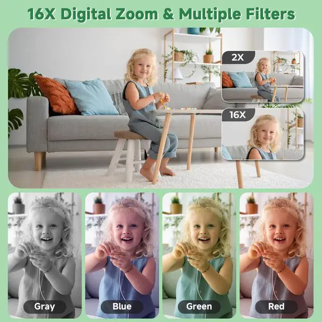 Alt view image 6 of 7 - Digital Camera, 44MP Compact Camera, FHD 1080P Point and Shoot Digital Cameras with 16X Zoom, Face Detect, Smile Capture, Anti Shake, for Boys Girls Teens Gifts (Deep Green)