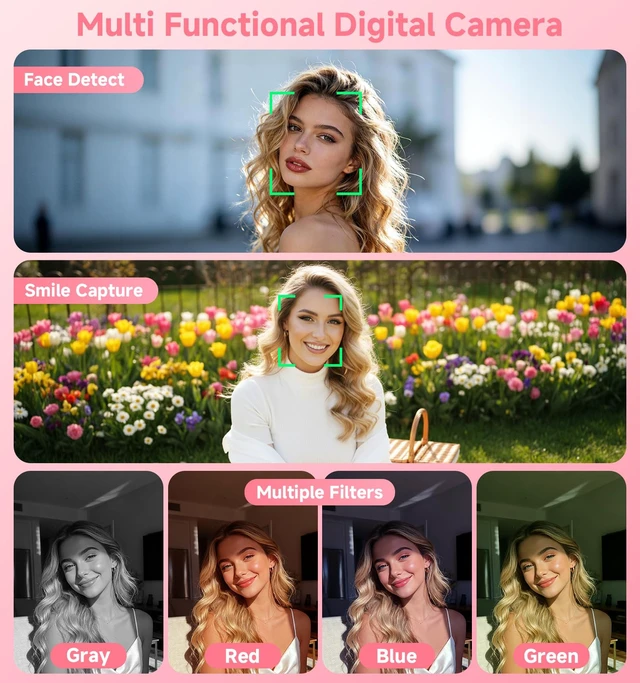 Alt view image 5 of 7 - Digital Camera, 2026 Upgraded 56MP Pink Digital Camera, Dual Screens Cameras for Selfies with 16X Zoom, Compact Cameras with Smile Capture Anti Shake with 32GB SD Card for Kids Teens Adults