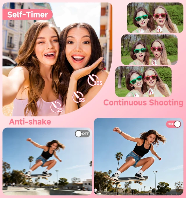 Alt view image 3 of 7 - Digital Camera, 2026 Upgraded 56MP Pink Digital Camera, Dual Screens Cameras for Selfies with 16X Zoom, Compact Cameras with Smile Capture Anti Shake with 32GB SD Card for Kids Teens Adults