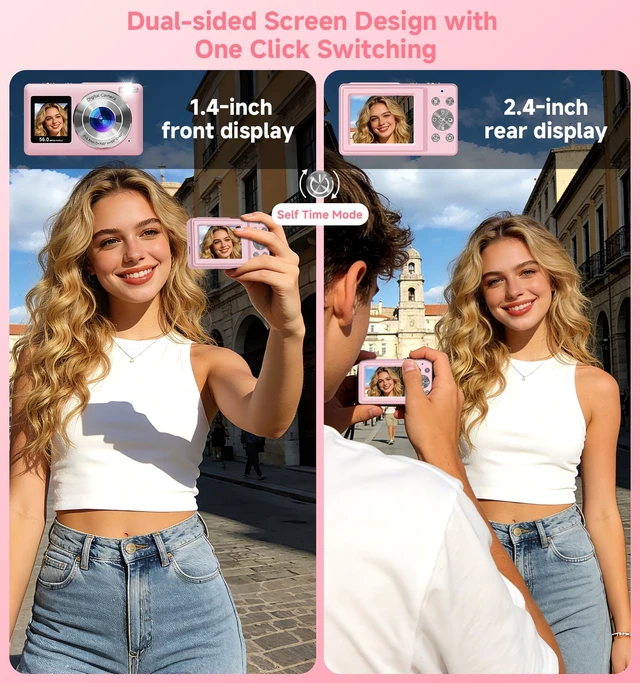 Alt view image 2 of 7 - Digital Camera, 2026 Upgraded 56MP Pink Digital Camera, Dual Screens Cameras for Selfies with 16X Zoom, Compact Cameras with Smile Capture Anti Shake with 32GB SD Card for Kids Teens Adults