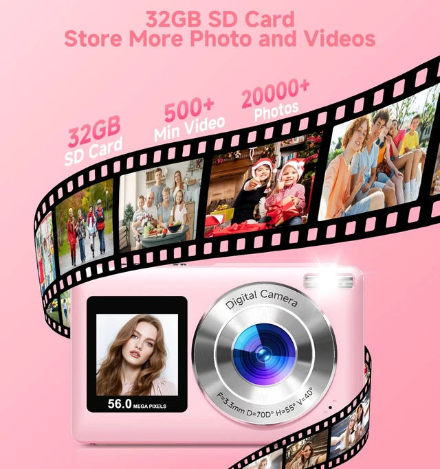 Alt view image 7 of 7 - Digital Camera, 2026 Upgraded 56MP Pink Digital Camera, Dual Screens Cameras for Selfies with 16X Zoom, Compact Cameras with Smile Capture Anti Shake with 32GB SD Card for Kids Teens Adults