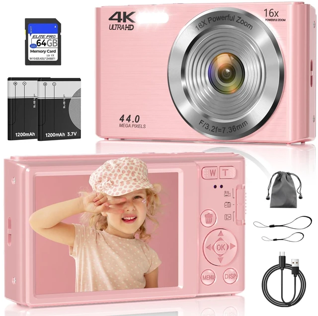 Main image of Digital Camera, FHD 4K 44MP Digital Camera, 16X Digital Zoom, Digital Point and Shoot Camera with 3-LED Fill Lights, 64GB SD Card, Compact Camera for Kids Teen Boys Girls, Pink