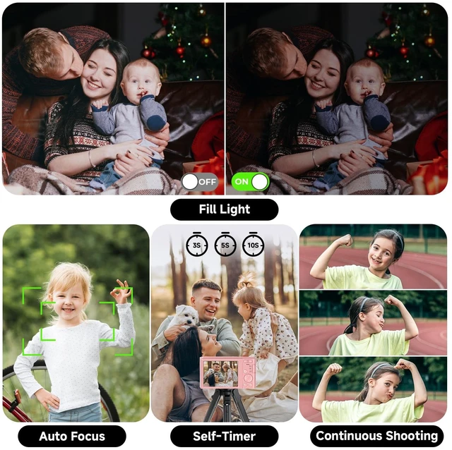 Alt view image 4 of 7 - Digital Camera, FHD 4K 44MP Digital Camera, 16X Digital Zoom, Digital Point and Shoot Camera with 3-LED Fill Lights, 64GB SD Card, Compact Camera for Kids Teen Boys Girls, Pink