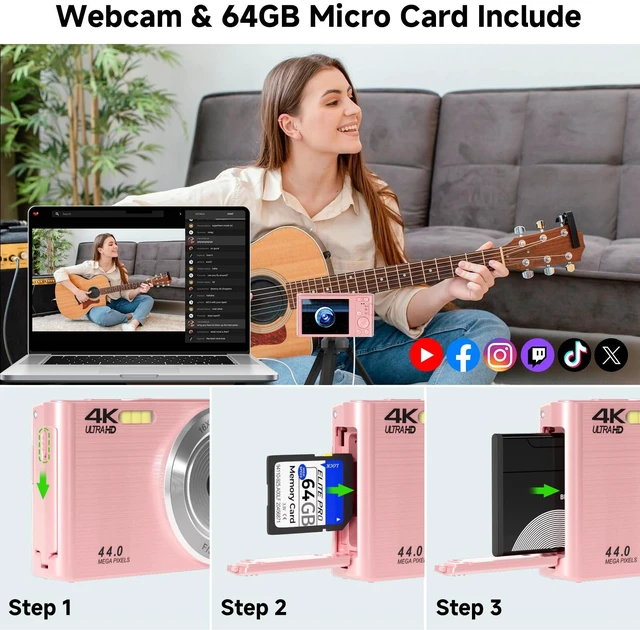 Alt view image 6 of 7 - Digital Camera, FHD 4K 44MP Digital Camera, 16X Digital Zoom, Digital Point and Shoot Camera with 3-LED Fill Lights, 64GB SD Card, Compact Camera for Kids Teen Boys Girls, Pink