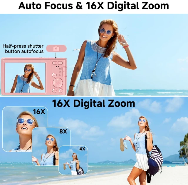 Alt view image 5 of 7 - Digital Camera, FHD 4K 44MP Digital Camera, 16X Digital Zoom, Digital Point and Shoot Camera with 3-LED Fill Lights, 64GB SD Card, Compact Camera for Kids Teen Boys Girls, Pink
