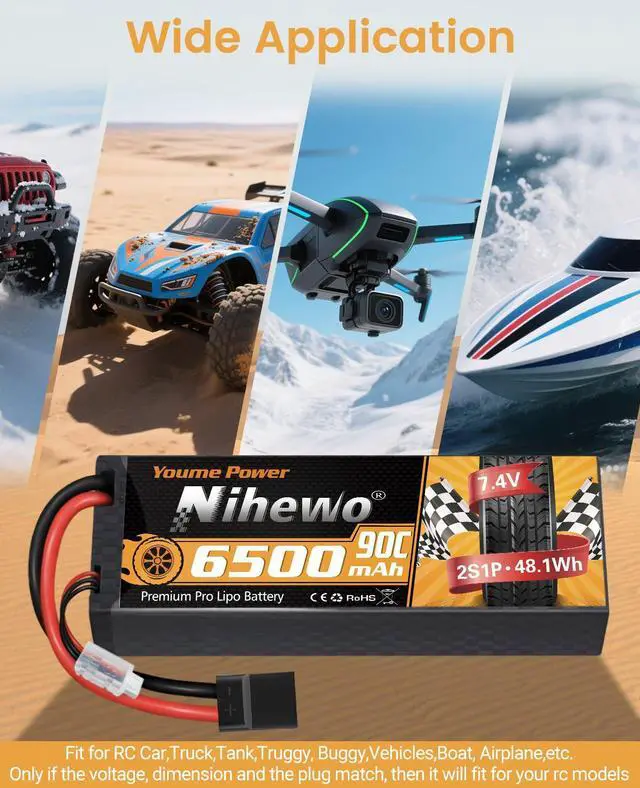 Alt view image 2 of 6 - 2S Lipo Battery 6500mAh 7.4V RC Battery 90C Hard Case with Tr + EC5 Plug Compatible with RC Car Truck Vehicles Truggy Buggy Boat Airplane Models (2 Packs)