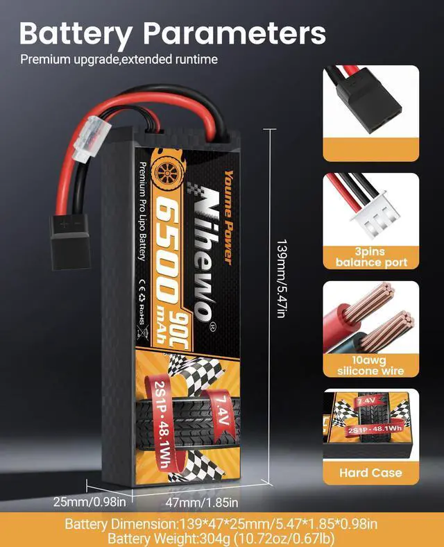 Alt view image 4 of 6 - 2S Lipo Battery 6500mAh 7.4V RC Battery 90C Hard Case with Tr + EC5 Plug Compatible with RC Car Truck Vehicles Truggy Buggy Boat Airplane Models (2 Packs)