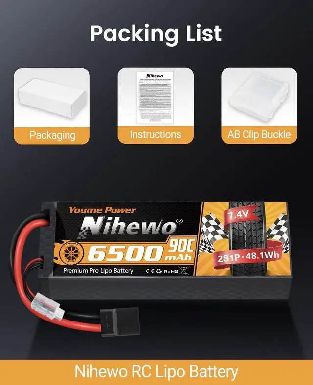 Alt view image 6 of 6 - 2S Lipo Battery 6500mAh 7.4V RC Battery 90C Hard Case with Tr + EC5 Plug Compatible with RC Car Truck Vehicles Truggy Buggy Boat Airplane Models (2 Packs)