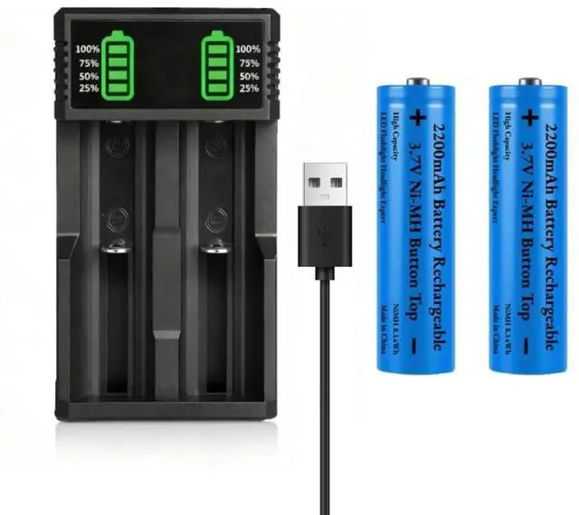 Main image of 3.7V Battery Charger with 2 Pack 3.7V 2200mAh Button Top Battery Ni-MH, 2 Bay LCD Display Smart Universal USB Battery Chargers for Flashlights, Headlamps, Doorbells, RC Cars, Outdoor Garden Lights,etc