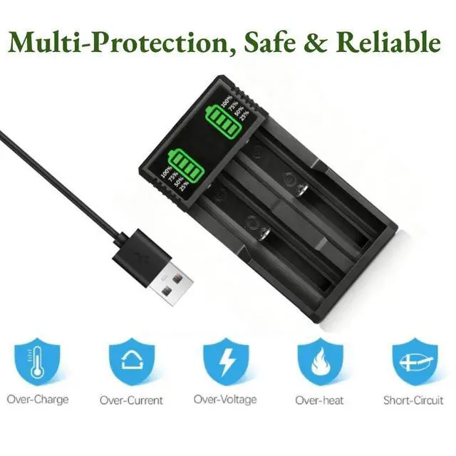 Alt view image 3 of 7 - 3.7V Battery Charger with 2 Pack 3.7V 2200mAh Button Top Battery Ni-MH, 2 Bay LCD Display Smart Universal USB Battery Chargers for Flashlights, Headlamps, Doorbells, RC Cars, Outdoor Garden Lights,etc