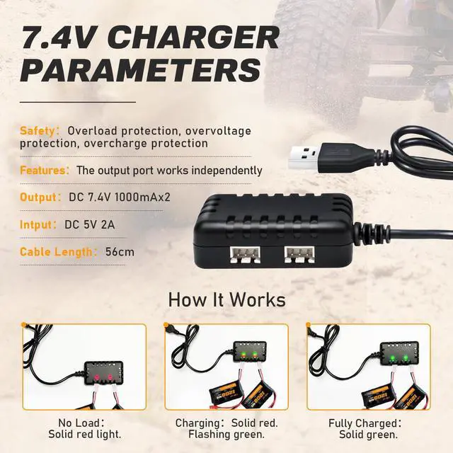 Alt view image 6 of 7 - SCX24 Battery 7.4V 1200mAh Lipo Battery 2S 35C(Burst 70C) with PH2.0 JST Plug with 1TO2 USB Charger Fit for SCX24 RC Car WLtoys A949 A959 A969 A979 K929 and Most 1/10 1/16 1/18 1/24 RC Truck