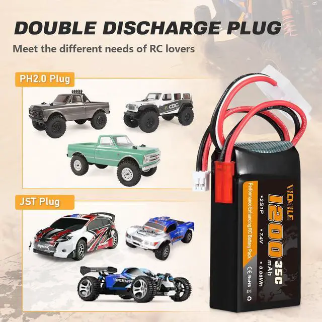 Alt view image 7 of 7 - SCX24 Battery 7.4V 1200mAh Lipo Battery 2S 35C(Burst 70C) with PH2.0 JST Plug with 1TO2 USB Charger Fit for SCX24 RC Car WLtoys A949 A959 A969 A979 K929 and Most 1/10 1/16 1/18 1/24 RC Truck