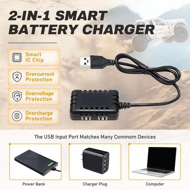 Alt view image 5 of 7 - SCX24 Battery 7.4V 1200mAh Lipo Battery 2S 35C(Burst 70C) with PH2.0 JST Plug with 1TO2 USB Charger Fit for SCX24 RC Car WLtoys A949 A959 A969 A979 K929 and Most 1/10 1/16 1/18 1/24 RC Truck