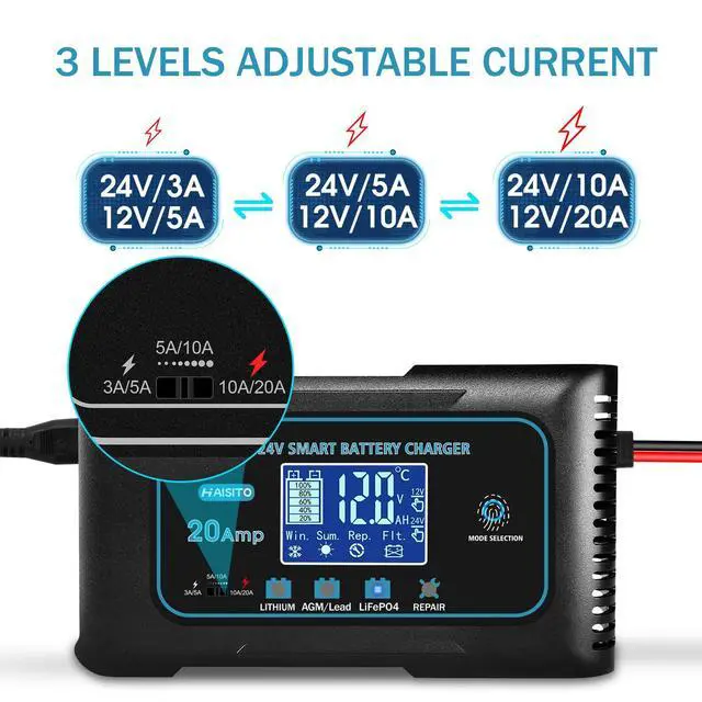 Alt view image 3 of 6 - 20-Amp Smart Battery Charger (Lithium LiFePO4 & Lead-Acid), 12V/24V Rapid Automotive Car Charger with Temperature Compensation - Trickle Maintainer for Boat, Truck, RV, Lawn Mower, Marine